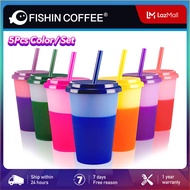 FISHIN COFFEE Color Changing Cups with Straws Reusable Tumblers Iced Cold Coffee Cups  5PCS/SET  K33