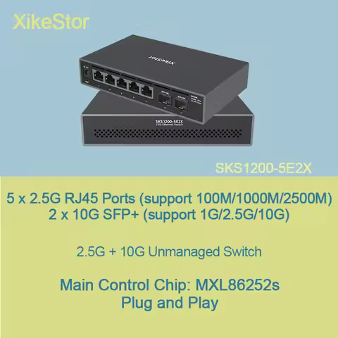XikeStor Unmanaged , 5×2.5G POE RJ45 Ports , 2×10G SFP ports, plug-and-play, Main control chip :MXL8