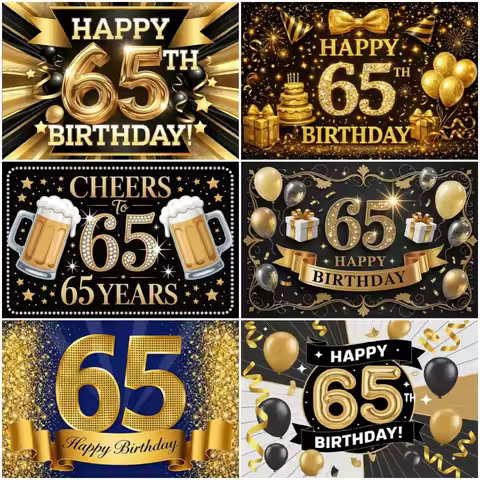 Happy 65th Birthday Party Decoration Background Black Gold Sparkling Balloon Banner Celebrate Portra