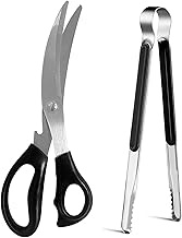 Korean Barbecue Scissors and Tongs Set, 9.4" Kitchen Scissors and 10" Kitchen Tongs for Cutting Meat, Chicken &amp; Vegetables, Stainless Steel Multipurpose Non-slip Serrated Sharp BBQ Scissors BBQ Tongs