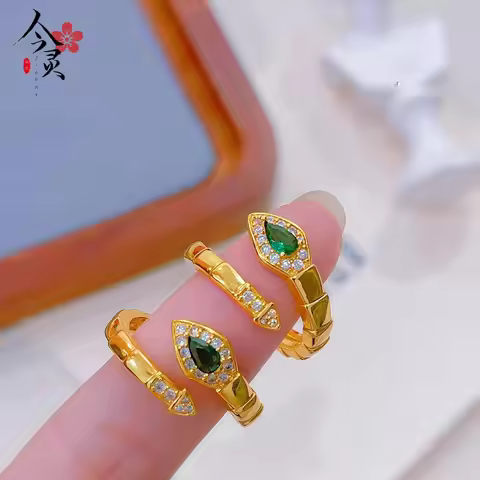 24K Gold Diamond-Studded Snake Open Ring Women AU999 - 24K forged/AU999, seamless design, elegant fe