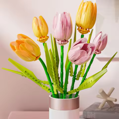 DIY 3in1 Pink Yellow Tulip Plants Romantic Peace And Hope Valentine's Day Gardens Building Blocks Mo
