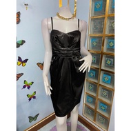 BCX Work Black Spaghetti Strap Dress Shiny Fabric Bust + Pleated Waist With A Tie Front Skirt Bag Ed