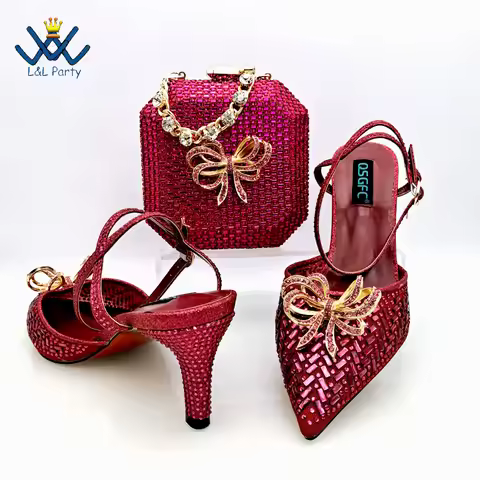 Concise New Design African Italian Women Shoes and Bag Set in Magenta Color High Quality Pumps for W