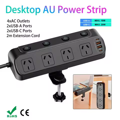 AU Plug Desk Clamp power board with 4 AC outlets 2 USB A and 2 USB C PD20W fast charging, 2m extensi