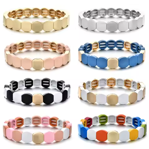 Handmade Enamel Rainbow Honeycomb Tile Bracelet Colorful Painted Metal Cuff Bracelet Friendship Stre