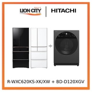 Hitachi R-WXC620KS-XK/XW (Crystal White) Multi Door Refrigerator (500l)+Hitachi BD-D120XGV Front Load Washer Dryer 12/8K