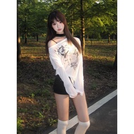 y2k y2k Women's Clothing Translucent Tops Hot Girls Sweet One-Shoulder White Long-Sleeved T-Shirt Wo