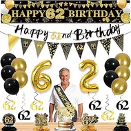 27pcs 62nd Birthday Decorations for Men, Black Gold 62nd Party Decorations, Happy 62nd Birthday Bann