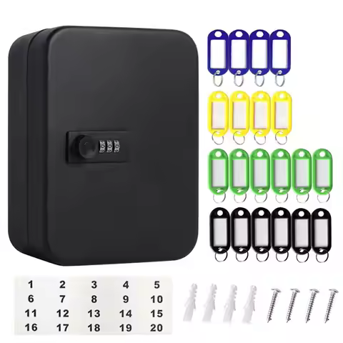 Black Security Key Case with a 3-Digit Combination Lock, 20 Hooks, Wall-Mounted Key Cabinet Lock Cas