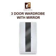 MR.RTA Wardrobe 3 Door Wardrobe with Mirror / White Wardrobe / Almari Baju 3 Pintu Cermin / Almari Baju Kayu / Almari Pakaian Cermin