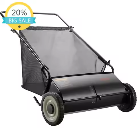 26 Lawn Sweeper with 7 Cubic Feet Bag, 4 Rotating Brushes, Durable Steel Frame, Large Mesh Bag