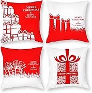 Cushion Cover, 65x65cm Set of 4, Christmas Red and White Soft Velvet Throw Pillow Cases 26x26in, Square Sofa Cushion Cover with Invisible Zipper for Couch Bed Car Bedroom Home Decor