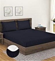 Home Sizzler 300TC Cotton Black Satin Striped Elastic Fitted Double Bedsheet with 2 King Size Pillow