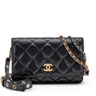 Chanel Black Quilted Lambskin Wallet On Chain WOC Brushed Gold and Silver Hardware