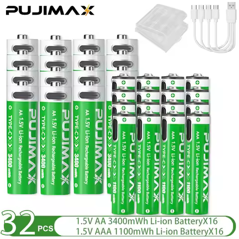 PUJIMAX 1.5V AA&AAA Rechargeable Lithium Battery 3400mWh/1100mWh, Type-C Port Charging Be Reused 150