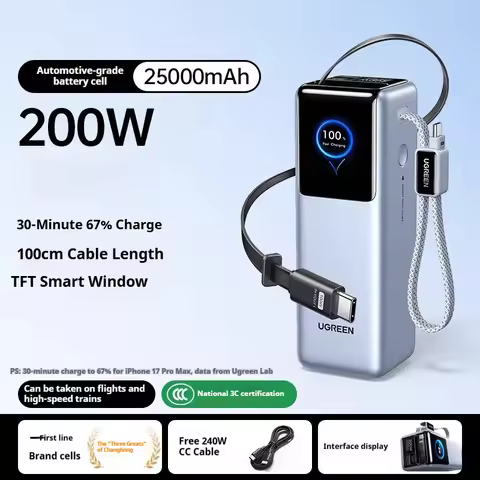 UGREEN 200W 25000mAh CCC Power Bank Build-in Retractable Cable Smart TFT Display Portable PowerBank 