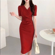 Korean red midi gown dress for woman formal elegant plus size birthday church dress christmas party