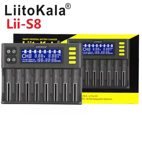 LiitoKala Lii‑S8 8‑Slot LCD Smart Battery Charger for Li‑ion LiFePO4 Ni‑MH 18650 21700 26650 AA AAA 