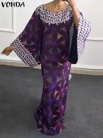 Plus Size 5XL VONDA Women Bohemian Printing Maxi Dress 2025 Vintage Sundress Casual 3/4 Sleeve Party