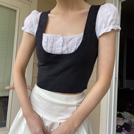 KA5 spring new girl fake two-piece puff sleeve tops age-reducing hook flower hollow out navel square