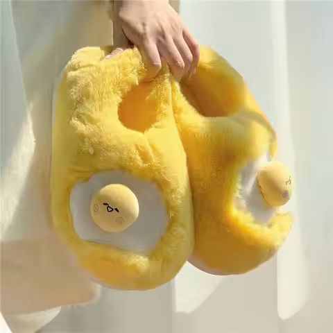 New Fluffy Suny Side Up Egg Slippers Women Cute Yolk Plush Slippers for Home Full Wrap Winter Fried 