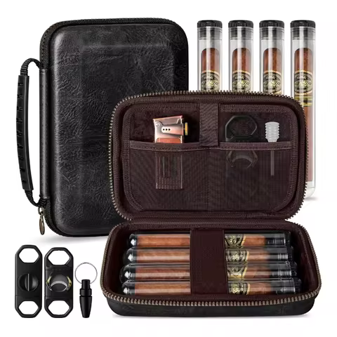 Cigar Case, Portable Cigar Bag with 4 Cigar Tubes, Leather Cigar Case Include Flat Cutter, V Cutter,