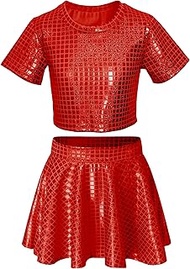Sequin Top for Girls with Shiny Skirt Disco 0utfit Metallic Dress Performance Kids 3-13T, Red, 8-9 Y