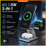 Qi2.2 25W Magnetic Wireless Charger 3 in 1 Foldable Fast Charging Stand Travel Station for iPhone Ap