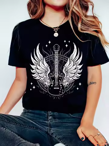Guitar Wings Print Sports T-Shirt Round Neck Short Sleeve Workout Shirts Sportswear for Women Haraju