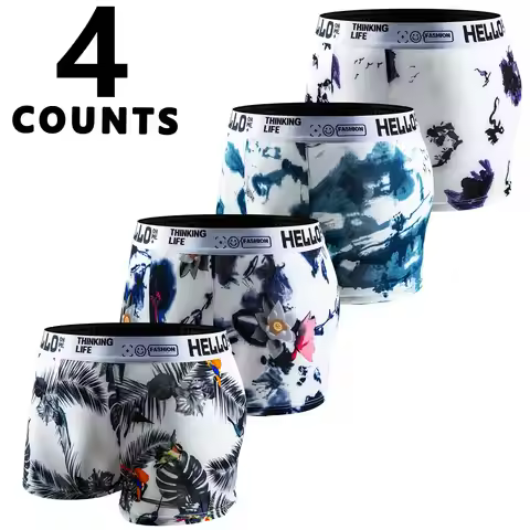 4 Pairs Men's Boxer Briefs All Over Print Quick Dry Stretch Underwear Comfortable Underpants