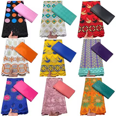 African Embroidery 100% Cotton Swiss Lace Fabric Bazin Riche Fabric 2.5Yards+2.5Yards Nigerian Lace