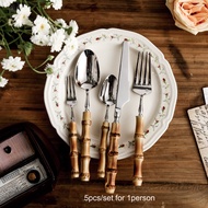 【Top Selling Item】 5/20pcs Creative Nature Bamboo Cutlery Set 304 Stainless Steel Steak Cutlery Tabl