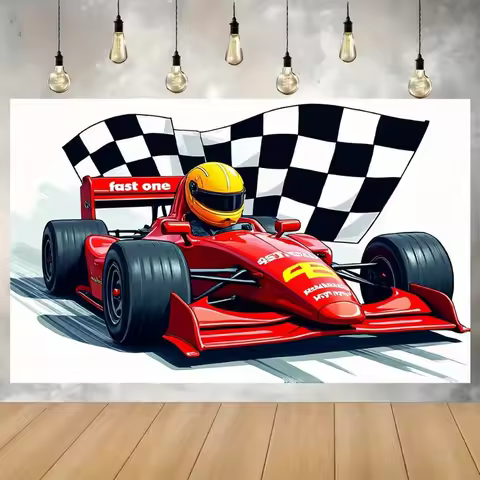 1 racing car background banner - a bright red Formula One racing car with a checkered flag design an