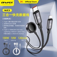 Awei W23 3-IN-1 60w Fast charging cable 60w Type-C 10w lighting 2.5w Watch wireless charging cable f