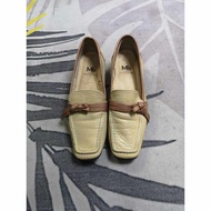 Beige Square Toe Leather Heels