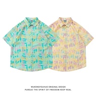 M-3XL Fashion Unisex Korean Style Trend Graffiti Print Short Sleeve Flower Shirt Men's Vintage Loose Relaxed Beach Hawaiian Polo Button Shirt Pink Green Clothing