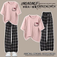 卡通可爱凯蒂猫印花夏季套装女童扎染短袖格子裤宽松两套中大童Cartoon Cute Hello Kitty Print Summer suit GirlsWL