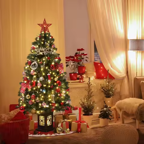 4.5 Ft Pre-Lit Artificial Christmas Tree, Fake Spruce Christmas Tree with 108 LED Lights, 8 Dual Col
