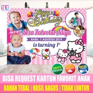 Cetak Banner   Spanduk Ulang Tahun Ultah Anak perempuan karakter hello kiity  -   Backdrop / Wallpap