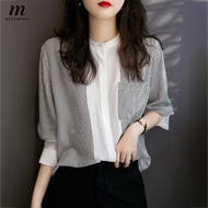 MISUMIXIU M-3XL Elegant แฟชั่น Mulberry Silk Patchwork Stripe เสื้อผู้หญิง2021ใหม่แขนยาว Stand-Up Collar อารมณ์ Tops Lady