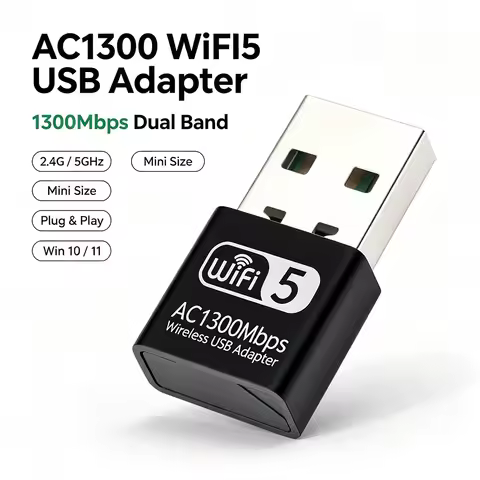 AC1300 WiFi5 Mini USB WiFi Adapter 1300Mbps Dual Band 2.4G&5GHz Wireless Network Dongle External WiF