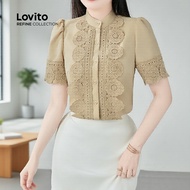 (Refine by Lovito) Blus Anggun Leher Ruffle Kancing Depan Musim Semi/Musim Panas Warna Khaki Wanita 