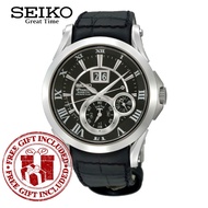 Seiko SNP093P2 Men's Premier Kinetic Perpetual Black Leather Strap Watch