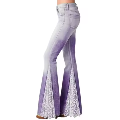 2021 Chic Women Lace Patchwork Flare Pants Imitation Denim High Waist Bell Bottom Ruffle Trousers Of