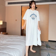 [Ready Stock]Women's Long Knee Length Dress, Round Neck Short Sleeved Plus Size T-shirt Dress,Korean Fashionable Split Letter Printed Dress