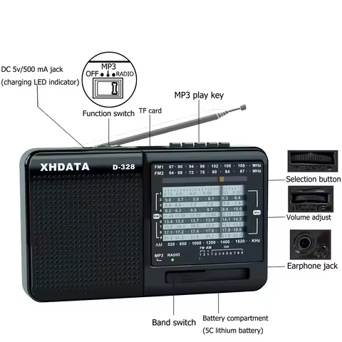 XHDATA D-328 12-Band Portable Radio AM/FM/SW DSP Technology MP3 Player TF Card Slot USB Mini FM Rece