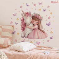 {Moily0} Cartoon Girl Unicorn Vinyl Child Wall Stickers For Baby Room Decoration Bedroom Accessories