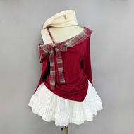 Set Wear CNY Bigsize Women's Off-the-Shoulder Shirt with Checkered Bow + Layered Flared Skirt, Prett