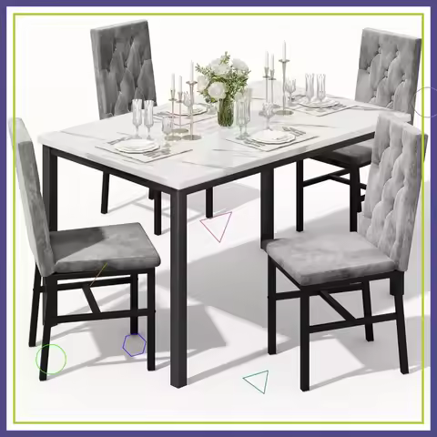 4-Person Dining Table Set with Faux Marble Top & Tufted Chairs, Compact Kitchen Furniture for Small 
